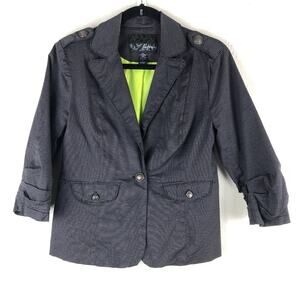 Daytrip Black Gray Horizontal Pinstripe Ruched 3/4 Sleeve 1 Button Blazer Jacket